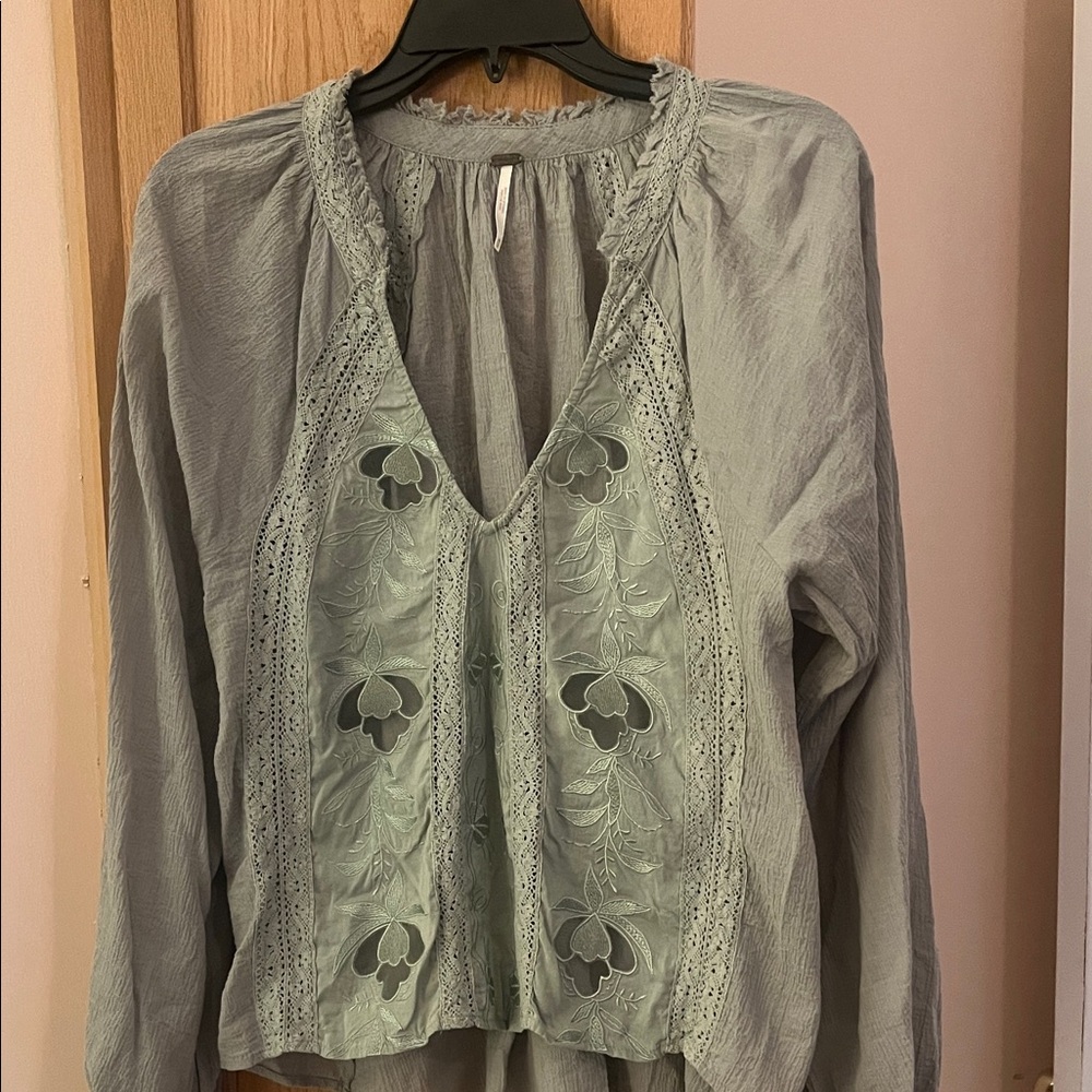 Women's Free People Sage Green Embroidered V-Neck Top